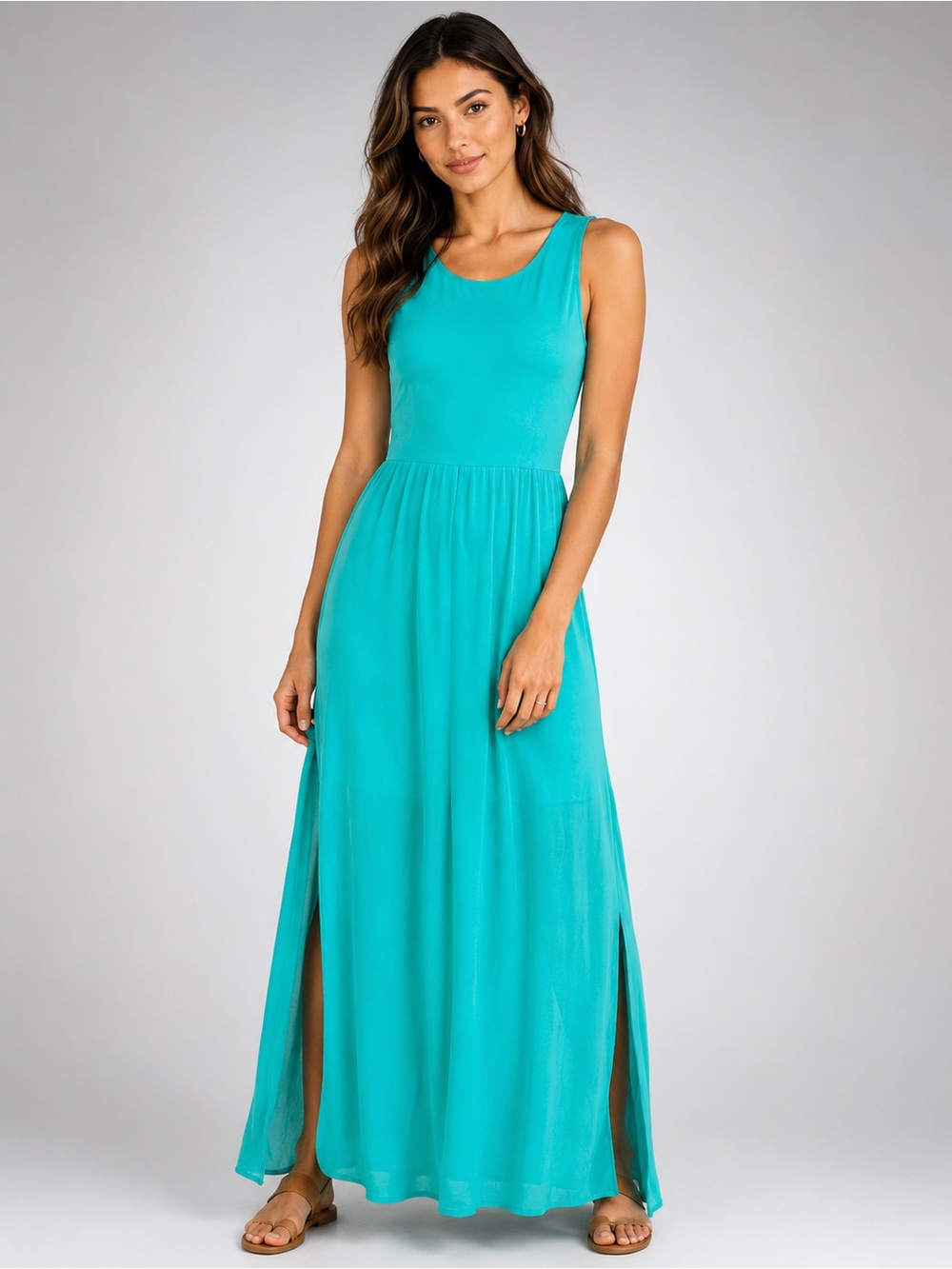 GB Teal Sleeveless Maxi Dress Open Back Overlay XS Aqua Beach Resort